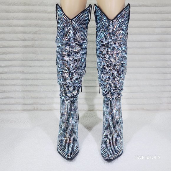 Cape Robbin Diamond Rider Rhinestone Glamour Western Slouch Draped Knee Boots - Picture 5 of 17